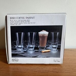 ADERIA GLASS Set of 4 Irish Coffee Parfait Glasses‎ 9oz Hot or Cold NEW in box